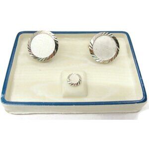Vintage Swank Cufflinks Set Silver Tone Disc Shaped Fluted Edge With Tie Tack
